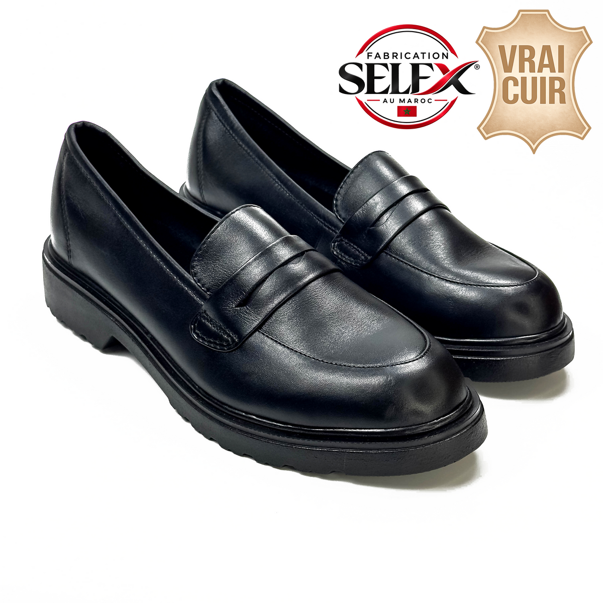 Mocassins femme en cuir 100 % noir à semelle épaisse, vue de la paire – SELEX