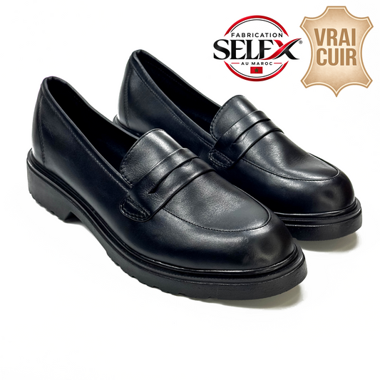 Mocassins femme en cuir 100 % noir à semelle épaisse, vue de la paire – SELEX