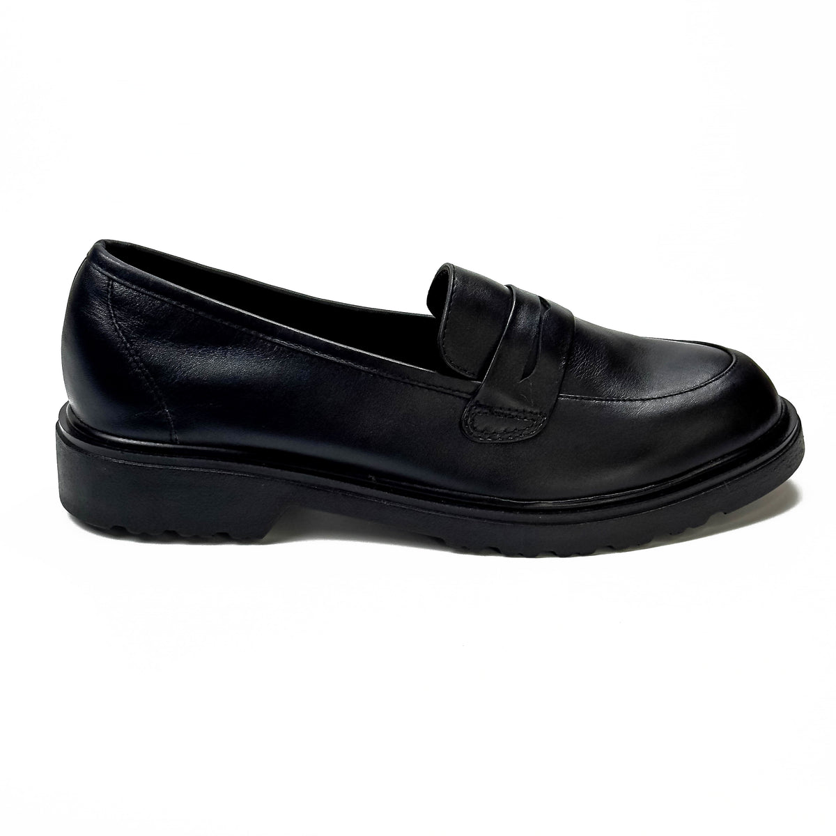 Mocassins femme en cuir 100 % noir à semelle épaisse, vue de profil – SELEX