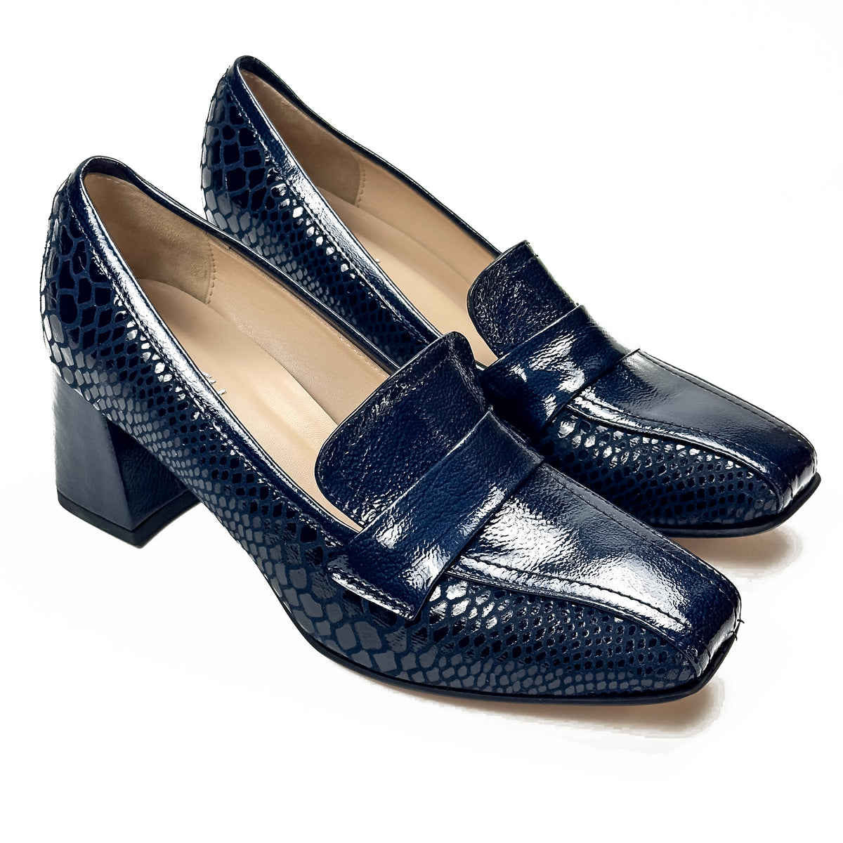 Mocassins femme à talon en cuir 100 % bleu marine, vue de la paire – SELEX