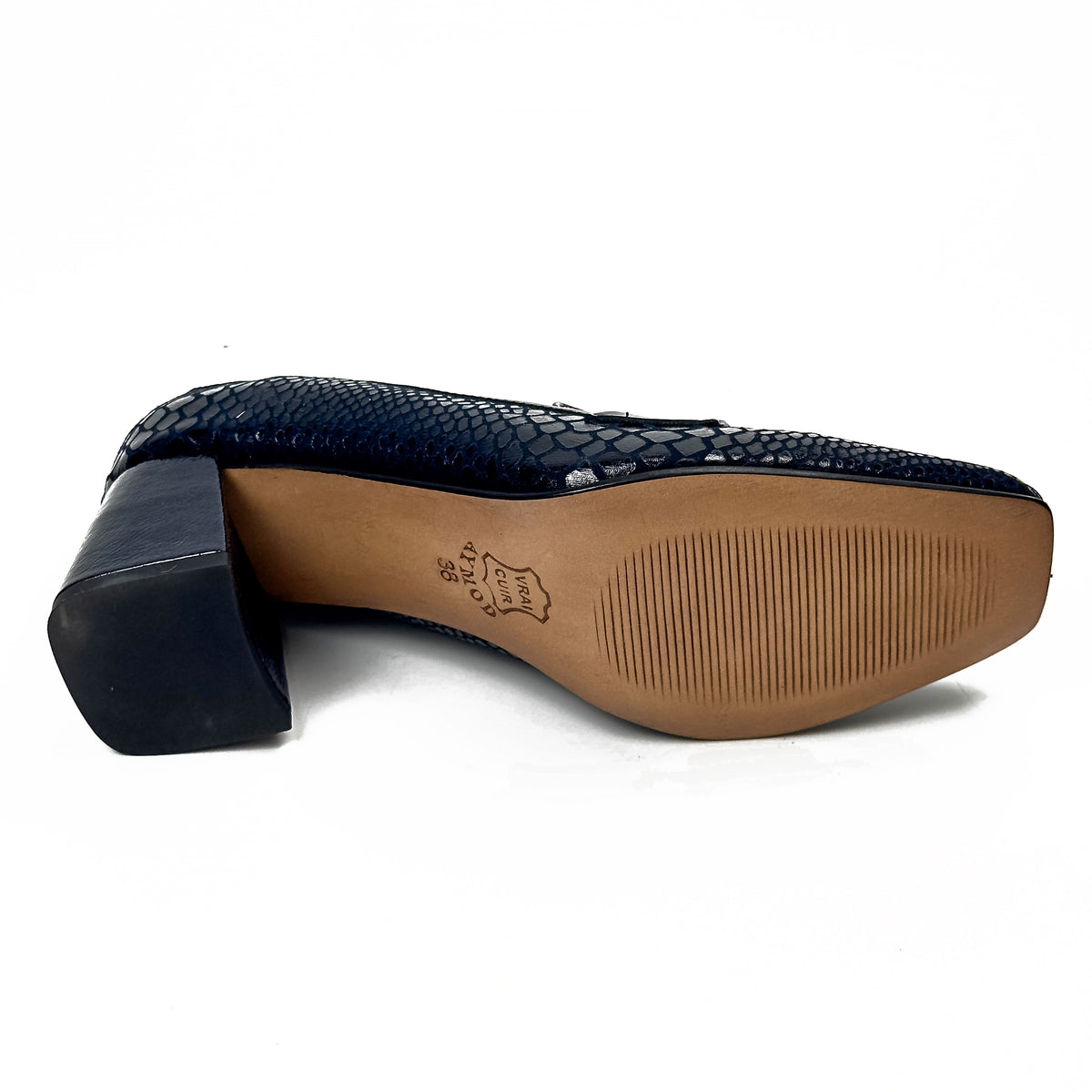 Semelle des mocassins femme à talon en cuir bleu marine – SELEX