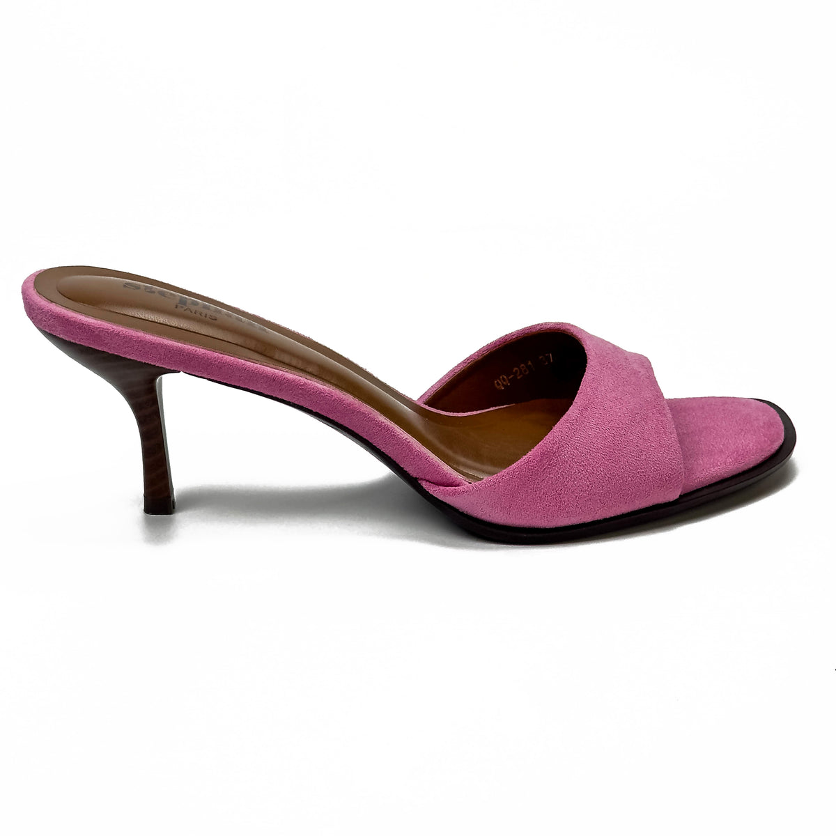 Mules femme rose à talon fin et bride large, vue de profil – SELEX