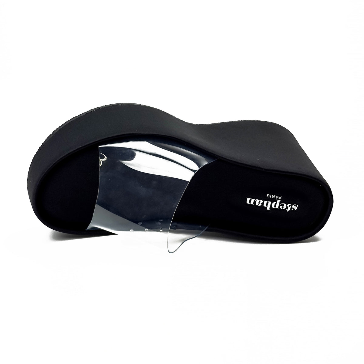 Sandales compensées femme noir à bride transparente, vue de dessus – SELEX